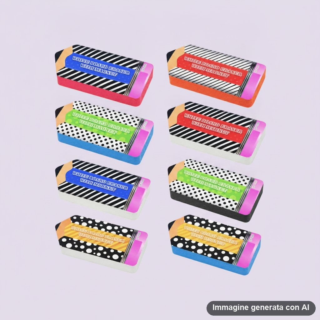 Cancellini magnetici per lavagna a forma di matita, con fantasie a righe e a pois in colori vivaci