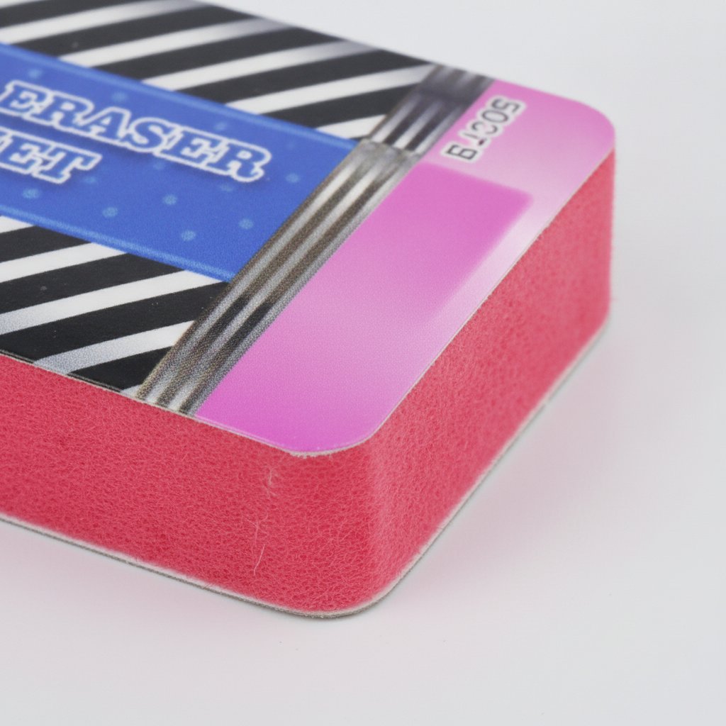 Otto gomme matita colorate con fantasie a righe, pois e arcobaleno in stile retro-pop con dettagli fluo