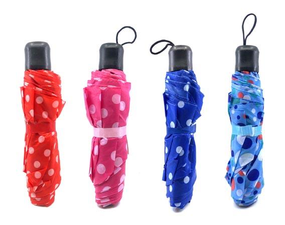 Quattro ombrelli compatti tascabili con fantasia pois bianchi nei colori rosso, fucsia, blu e azzurro con anellino di traspor