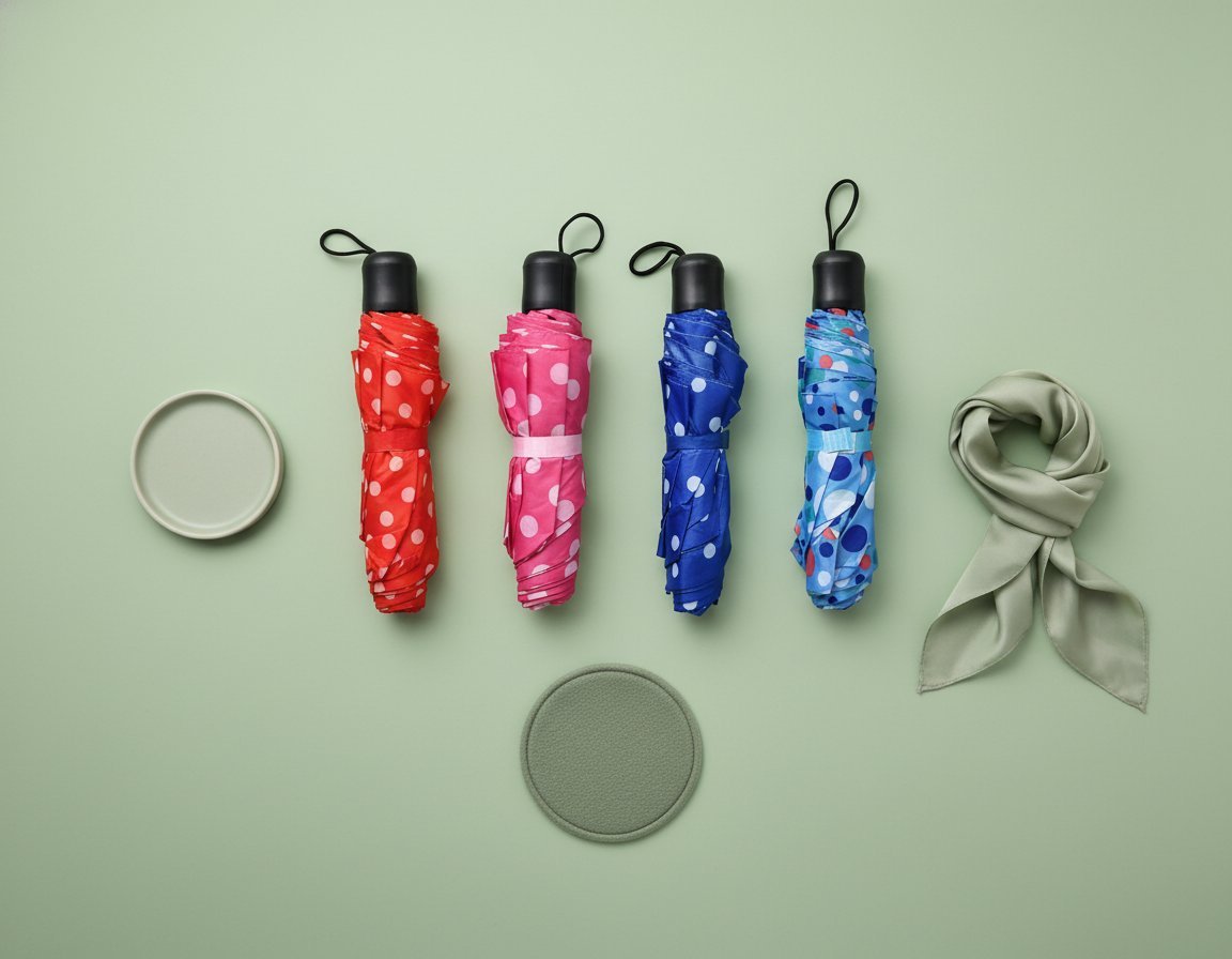 Quattro ombrelli compatti tascabili con fantasia pois bianchi nei colori rosso, fucsia, blu e azzurro con anellino di traspor