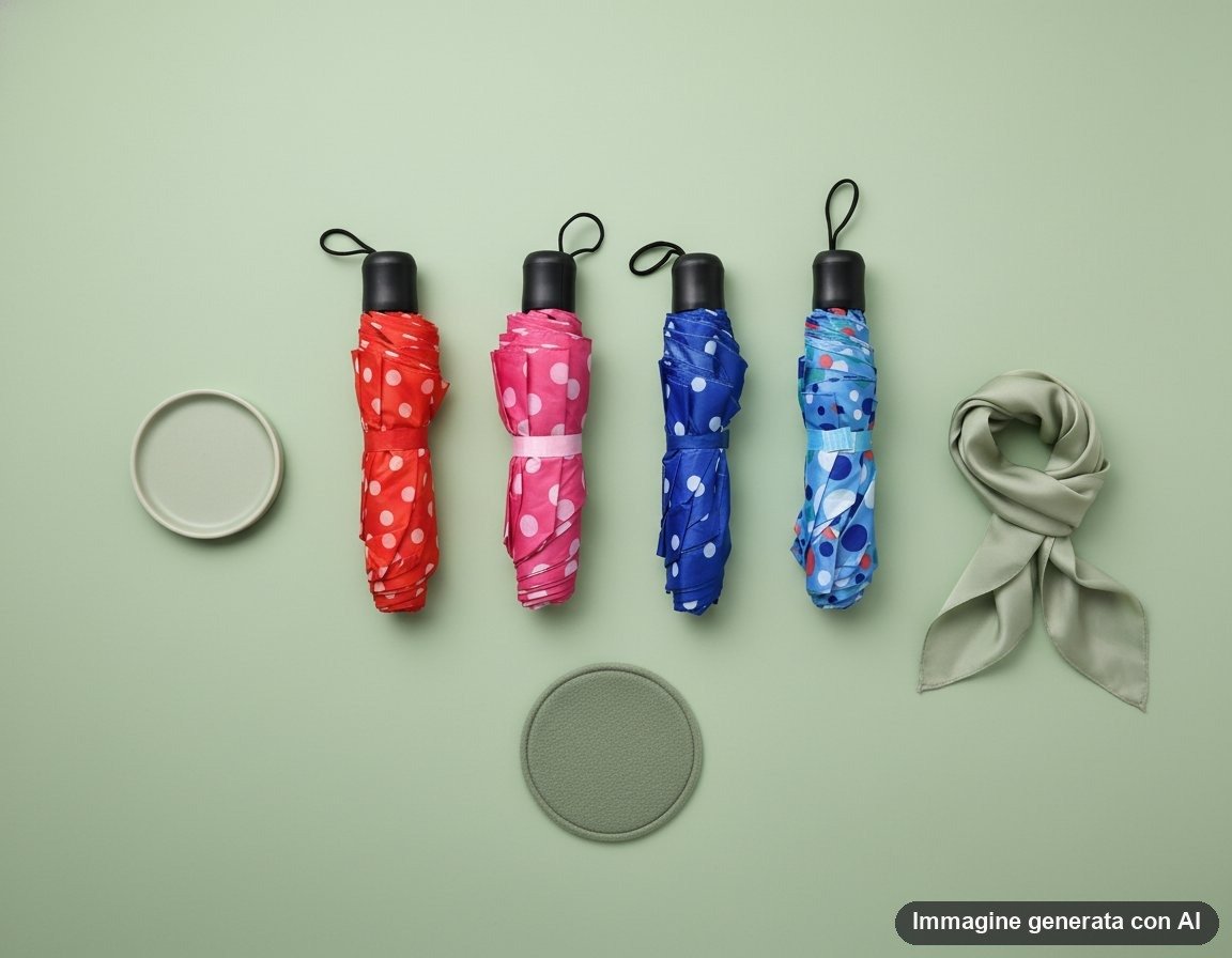 Quattro ombrelli compatti tascabili con fantasia pois bianchi nei colori rosso, fucsia, blu e azzurro con anellino di traspor