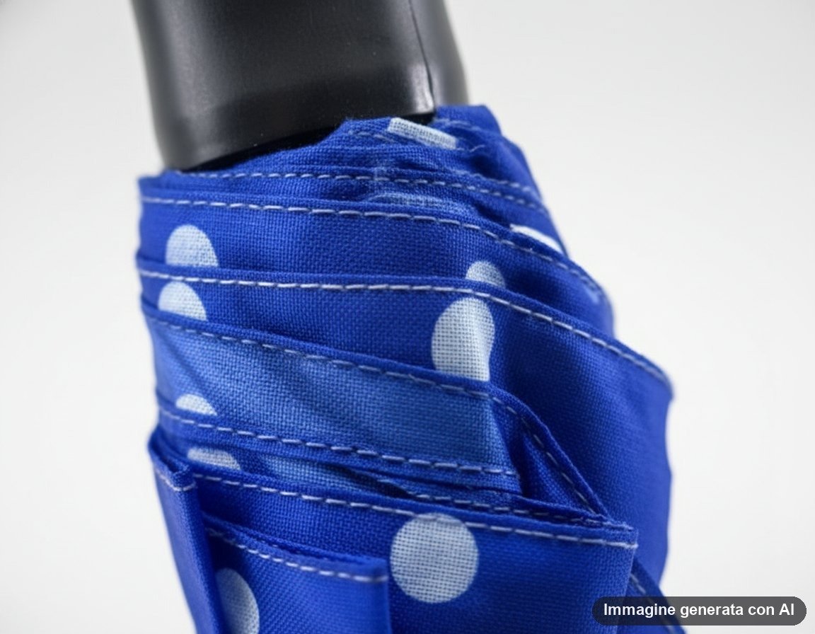 Quattro ombrelli compatti tascabili con fantasia pois bianchi nei colori rosso, fucsia, blu e azzurro con anellino di traspor