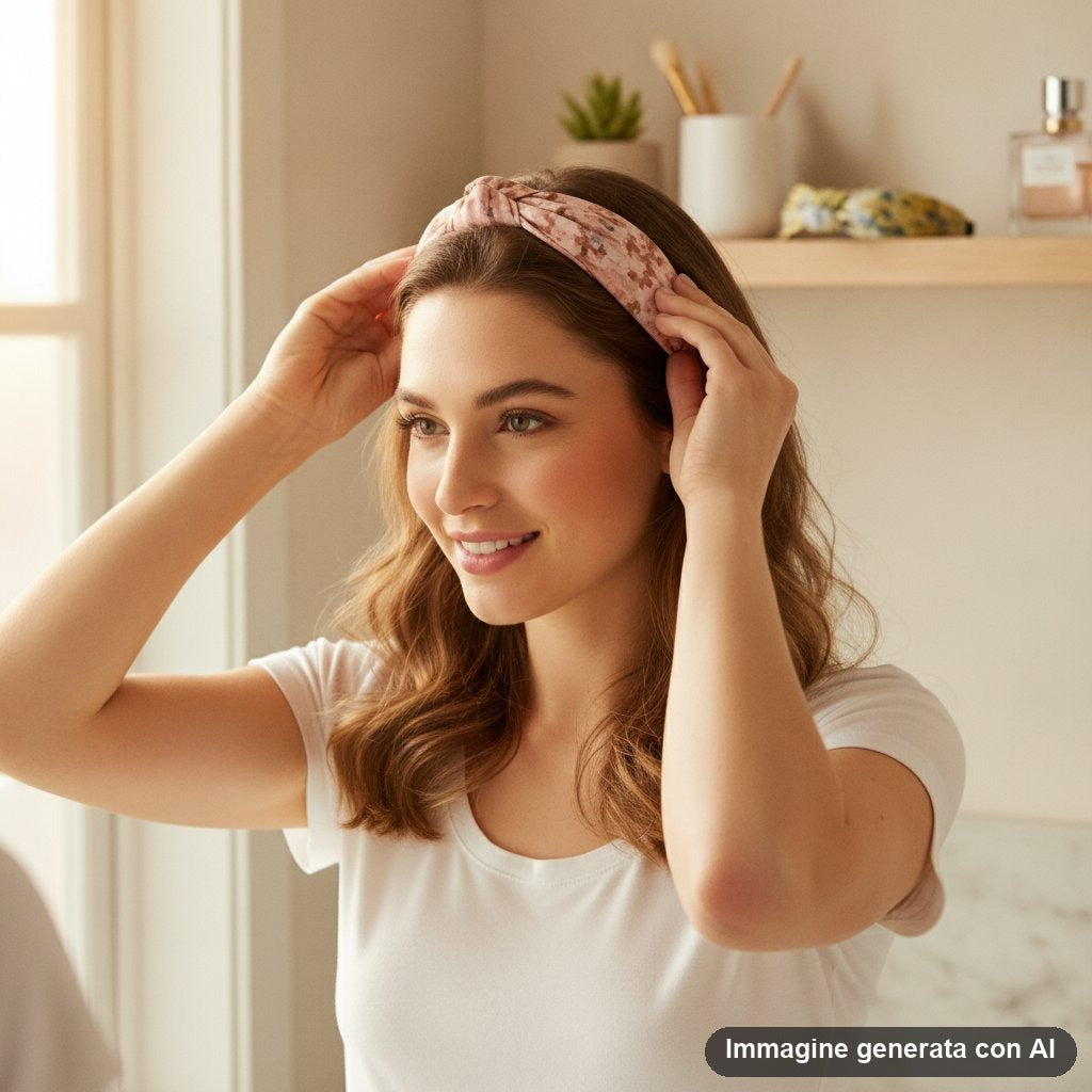 Tre cerchietti per capelli con nodo centrale e fantasia schizzata nei toni grigio, rosa e giallo