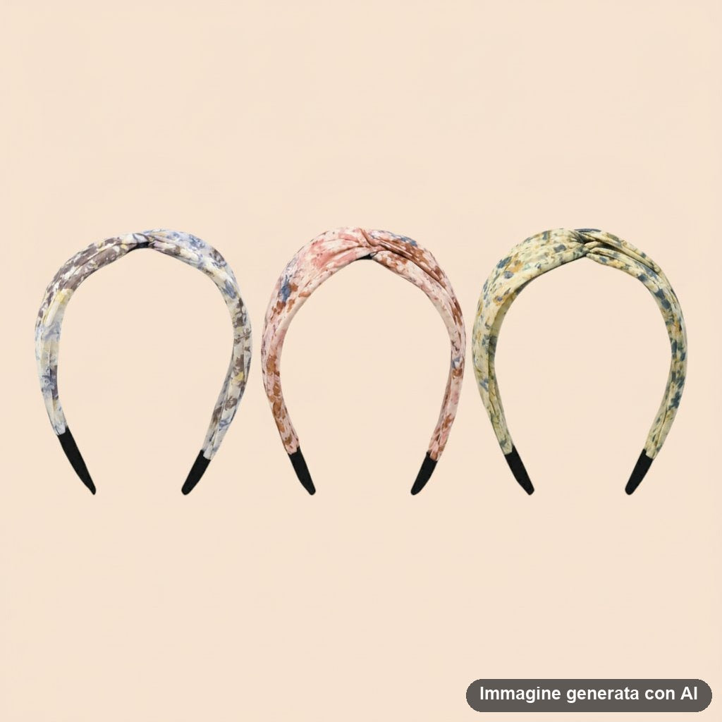 Tre cerchietti per capelli con nodo centrale e fantasia schizzata nei toni grigio, rosa e giallo
