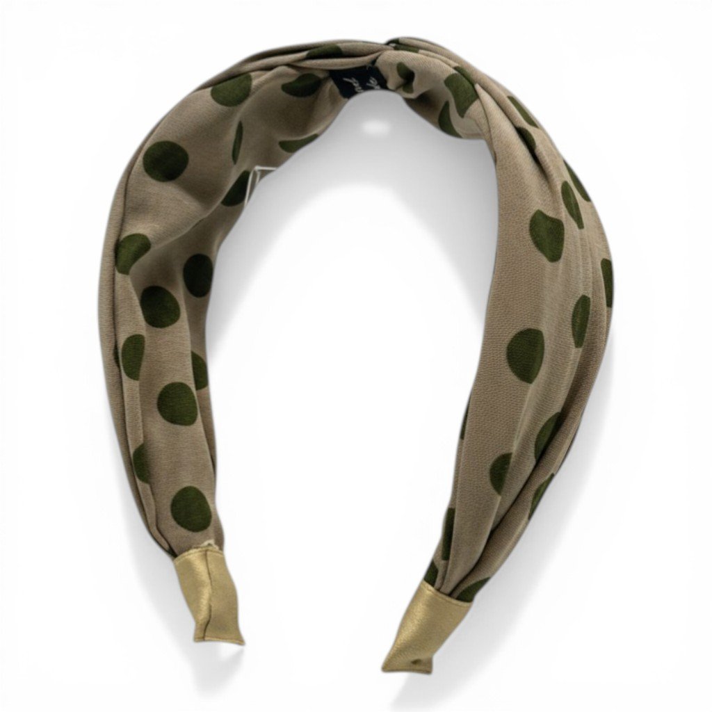 Passata per capelli con pattern pois verde su base beige e finiture dorate