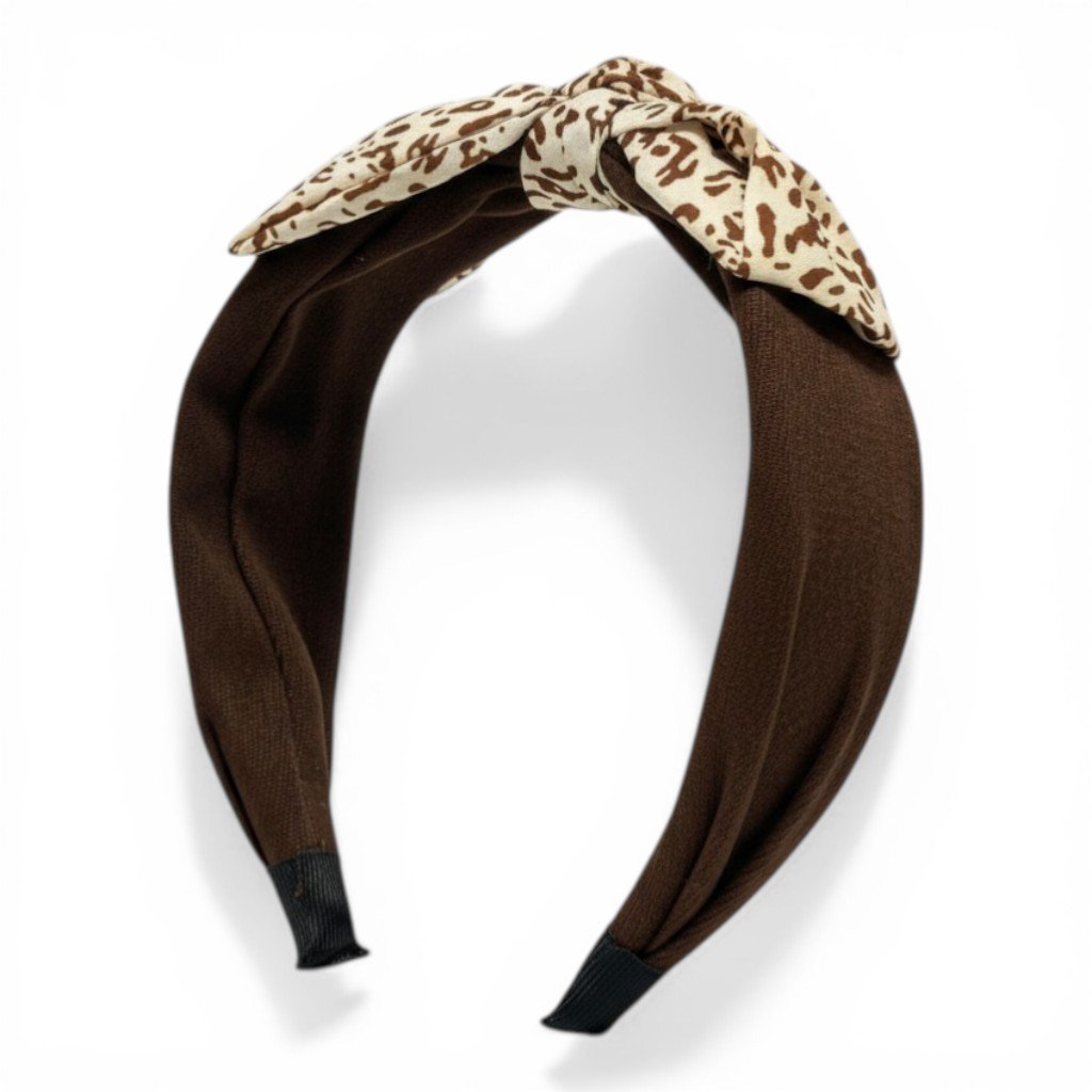 Fascia per capelli nera con fiocco in tessuto a stampa leopardata marrone e beige