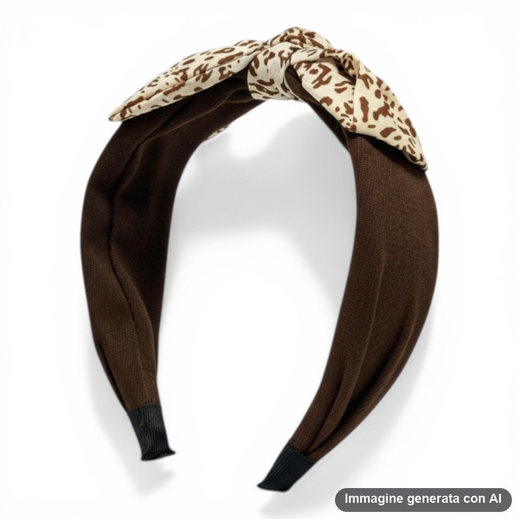 Fascia per capelli nera con fiocco in tessuto a stampa leopardata marrone e beige