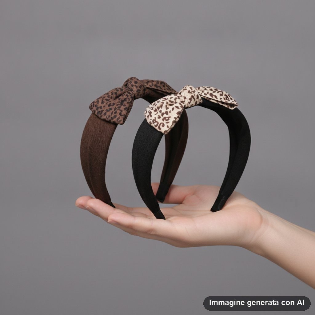 Fascia per capelli nera con fiocco in tessuto a stampa leopardata marrone e beige