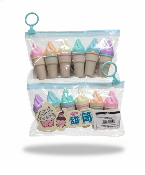 Set di 6 evidenziatori a forma di gelato nei colori rosa, azzurro, verde, viola, pesca e bianco con astuccio trasparente