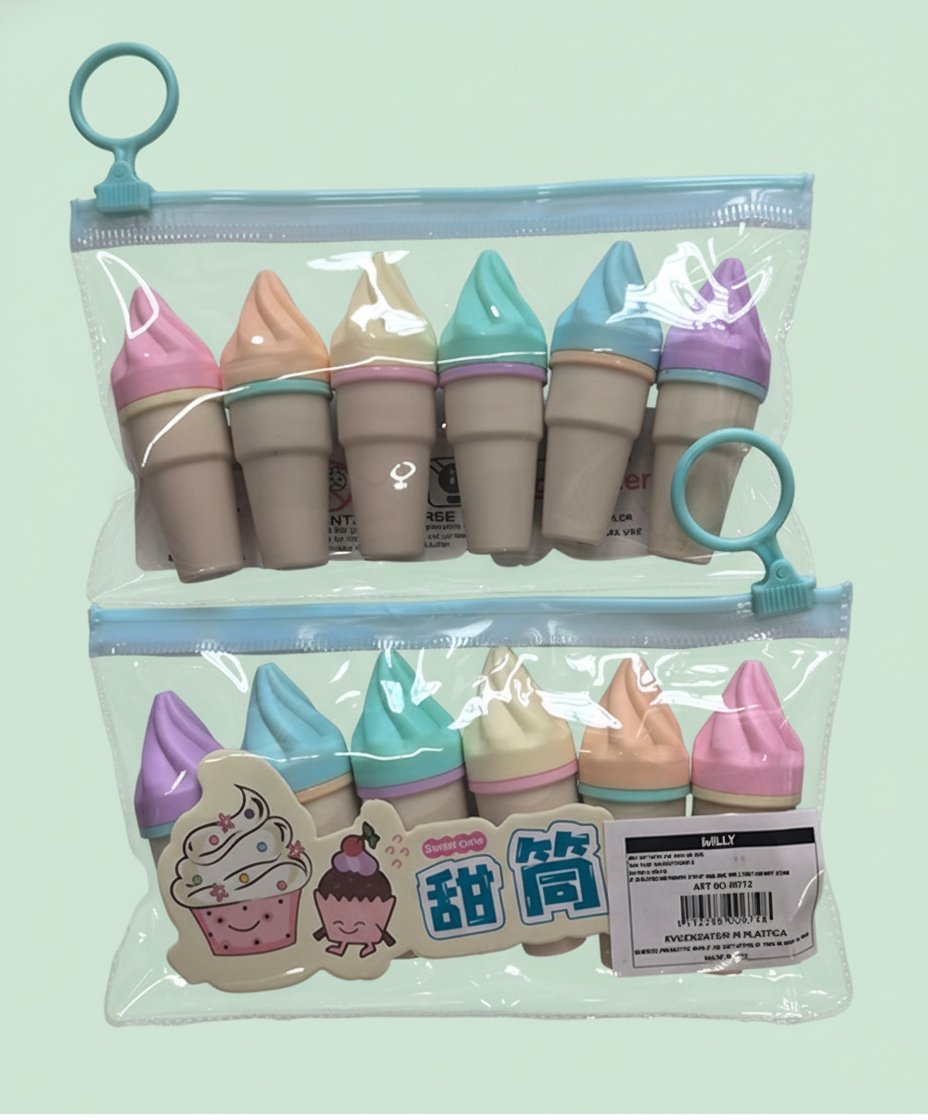 Set di 6 evidenziatori a forma di gelato nei colori rosa, azzurro, verde, viola, pesca e bianco con astuccio trasparente