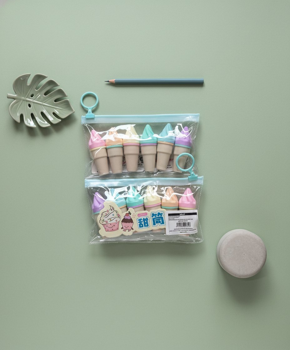 Set di 6 evidenziatori a forma di gelato nei colori rosa, azzurro, verde, viola, pesca e bianco con astuccio trasparente