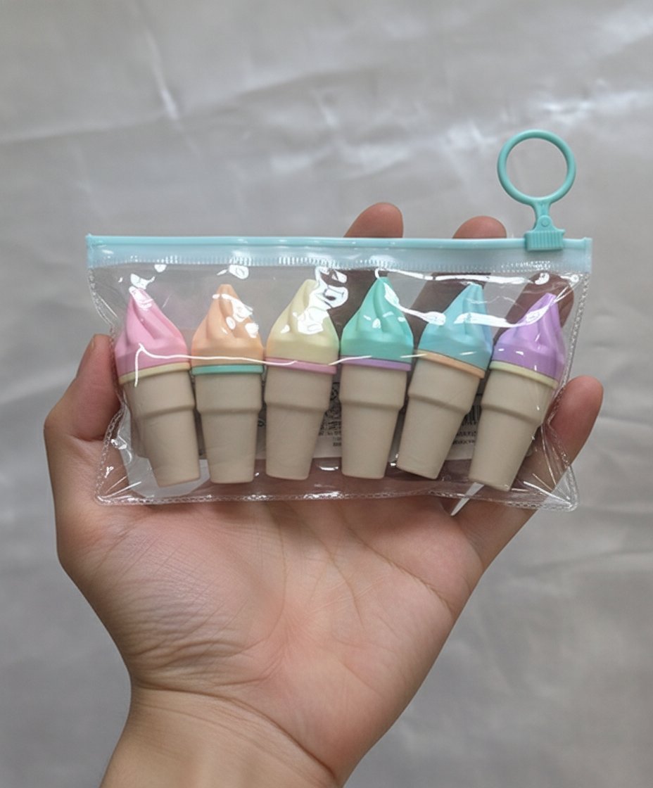 Set di 6 evidenziatori a forma di gelato nei colori rosa, azzurro, verde, viola, pesca e bianco con astuccio trasparente