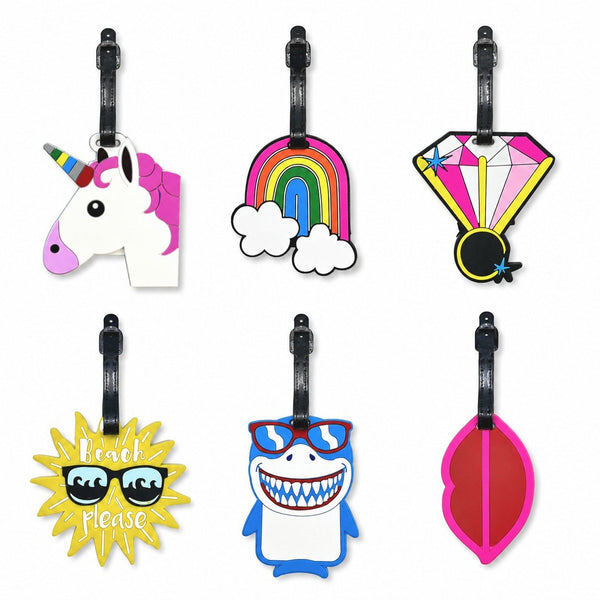 Sei targhette per valigia in gomma a forma di unicorno, arcobaleno, diamante, sole, squalo e labbra