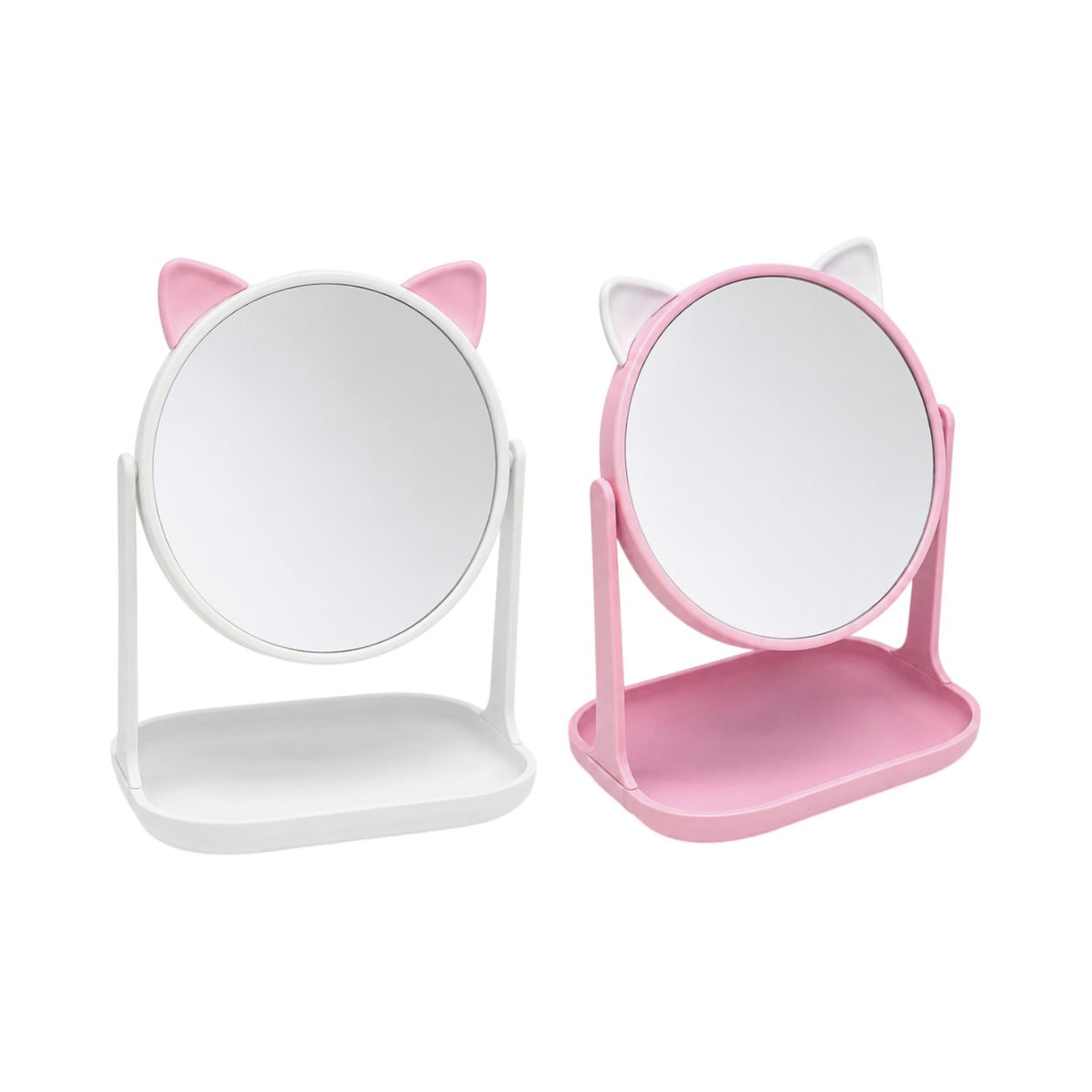 Specchio rotondo girevole con orecchie di gatto rosa e bianco, disponibile in due colori con vassoio inferiore