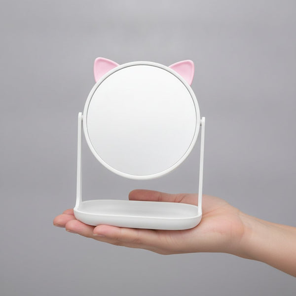 Specchio rotondo girevole con orecchie di gatto rosa e bianco, disponibile in due colori con vassoio inferiore
