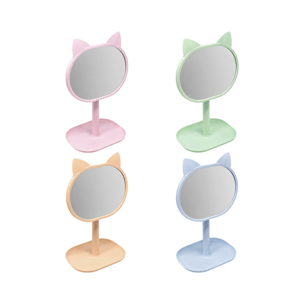 Quattro specchi da trucco con cornice a forma di gatto in colori pastello: rosa, verde menta, pesca e azzurro con base di app