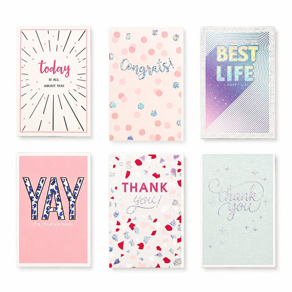 Sei biglietti d'auguri con scritte glitterate su fondo rosa, bianco e azzurro