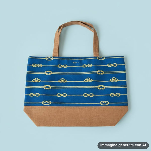Borsa mare in cotone blu con fantasia nodi marinari gialli e fondo naturale, manici lunghi in tela