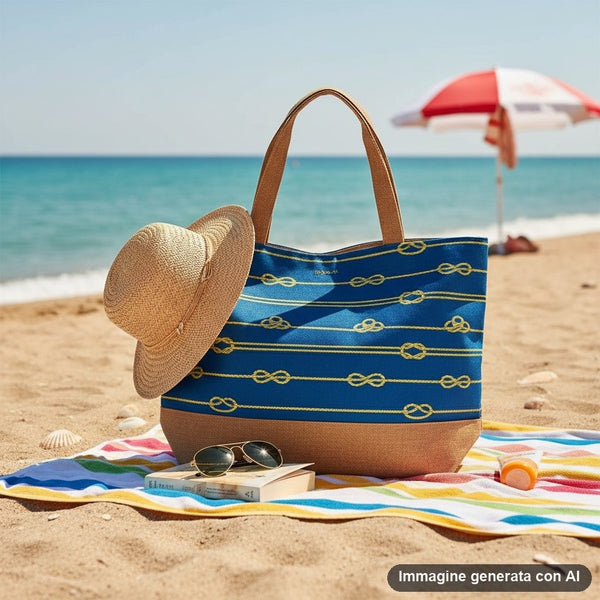 Borsa mare in cotone blu con fantasia nodi marinari gialli e fondo naturale, manici lunghi in tela