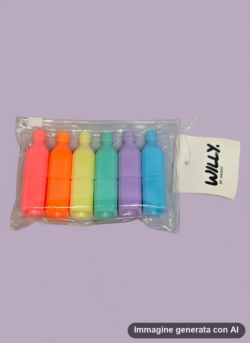 Sei evidenziatori a forma di bottiglietta nei colori pastello: azzurro, viola, verde, giallo, arancione e rosa