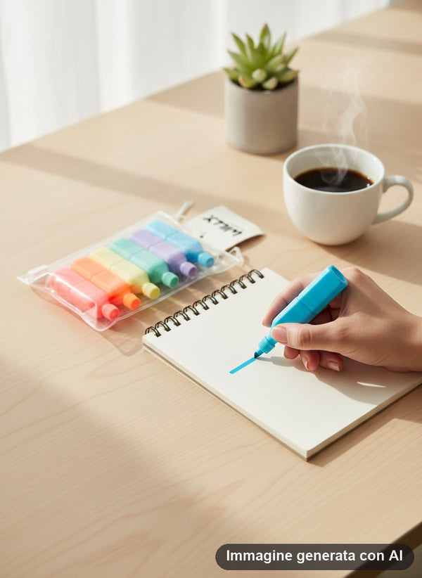 Sei evidenziatori a forma di bottiglietta nei colori pastello: azzurro, viola, verde, giallo, arancione e rosa