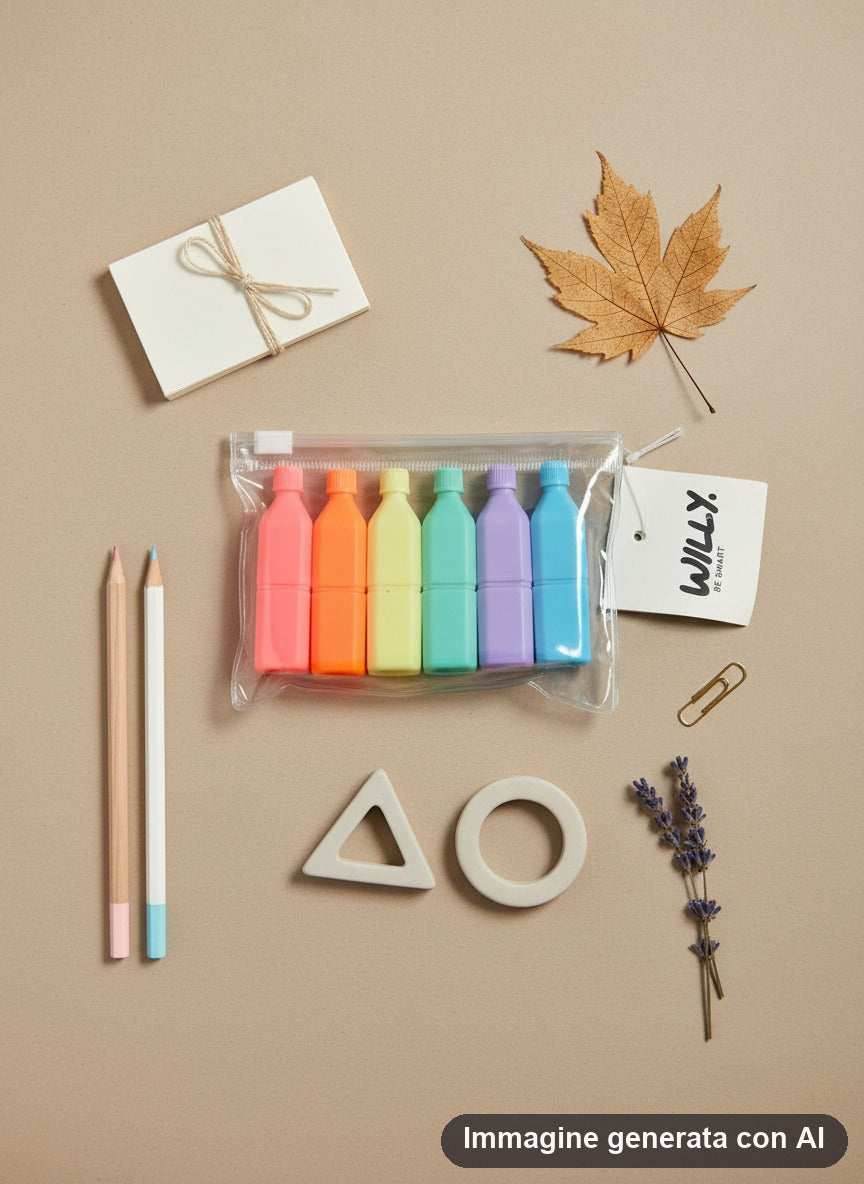 Sei evidenziatori a forma di bottiglietta nei colori pastello: azzurro, viola, verde, giallo, arancione e rosa