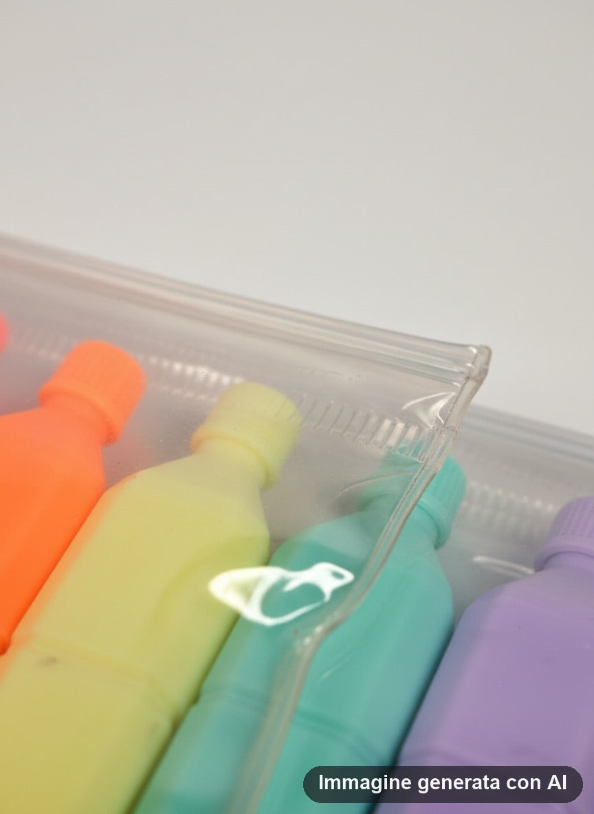 Sei evidenziatori a forma di bottiglietta nei colori pastello: azzurro, viola, verde, giallo, arancione e rosa