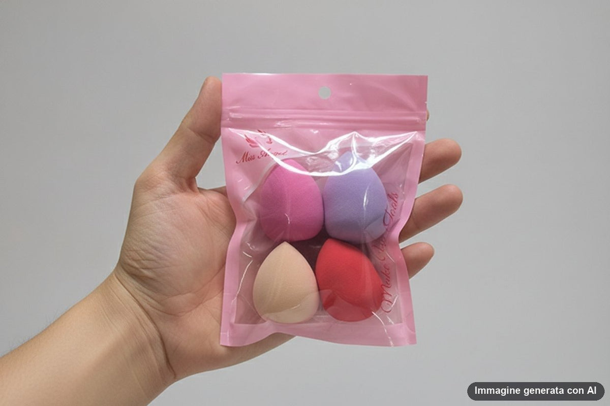 Quattro spugnette da trucco a goccia nei colori verde, rosa, arancione e fucsia
