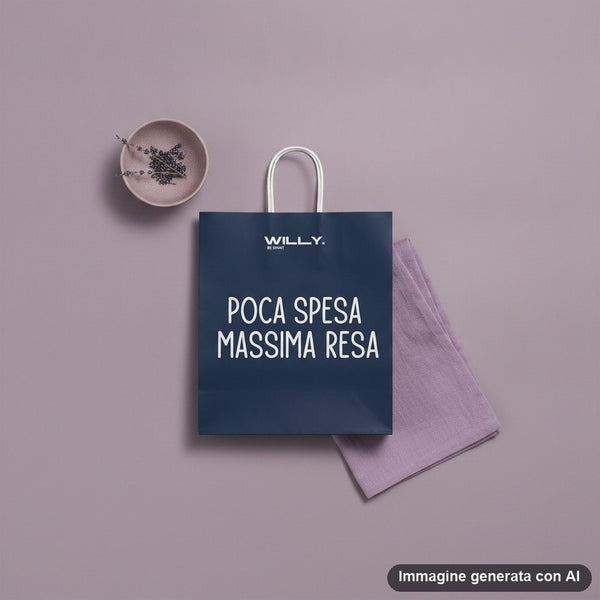 Set di quattro shopper regalo in colori scuri con frasi italiane ironiche e motivazionali stampate in bianco