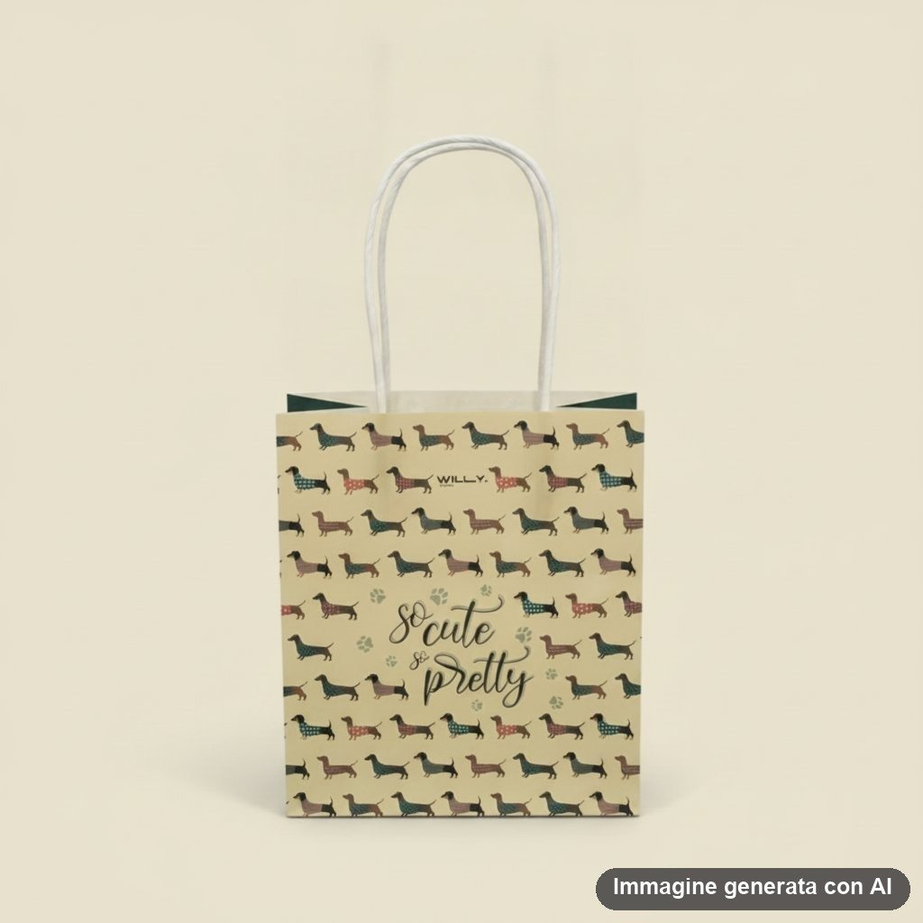 Shopper in carta kraft con pattern ripetuto di bassotti in diversi colori e fantasie, manici bianchi in cotone, scritta So Cu