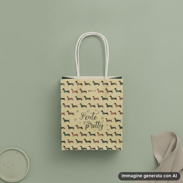 Shopper in carta kraft con pattern ripetuto di bassotti in diversi colori e fantasie, manici bianchi in cotone, scritta So Cu
