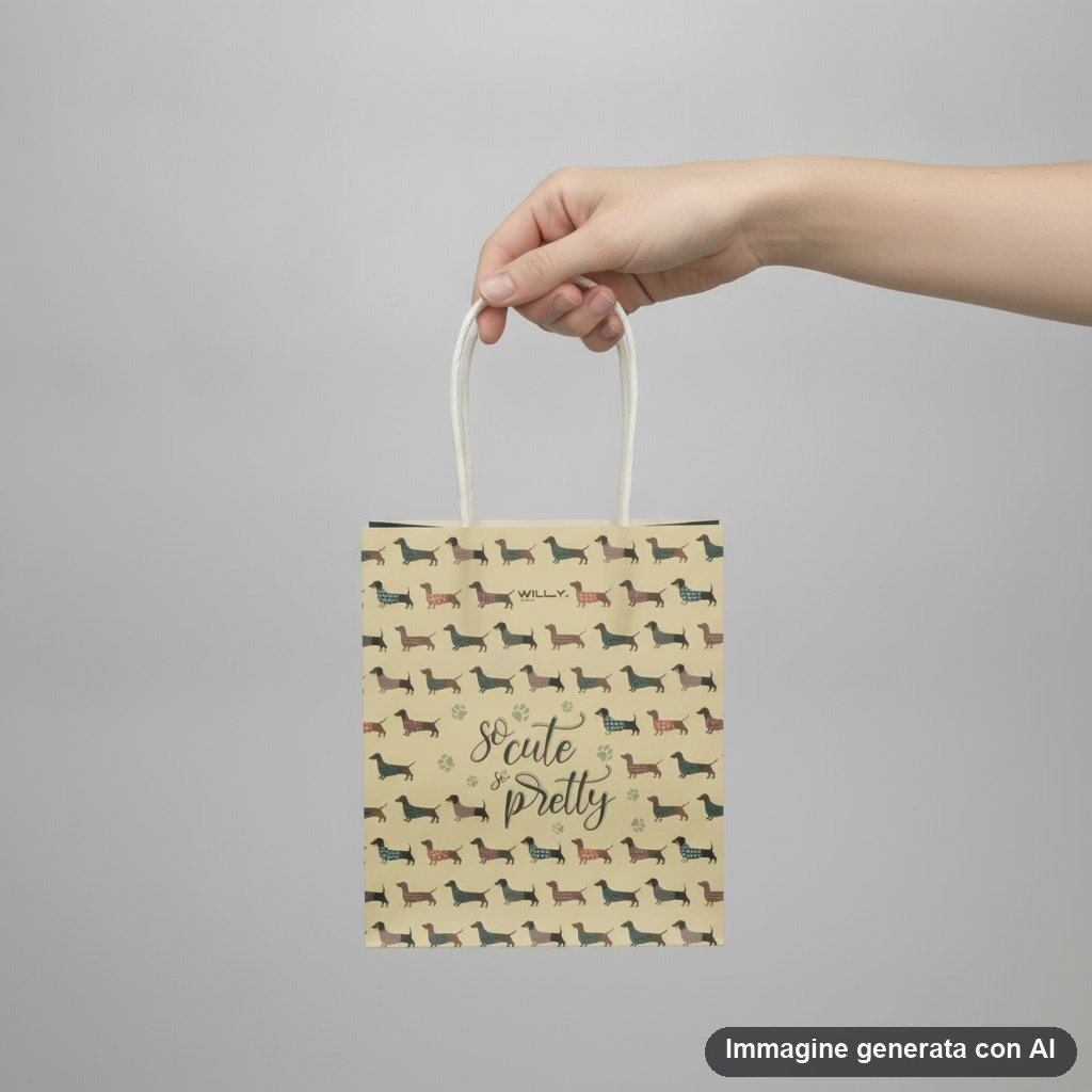 Shopper in carta kraft con pattern ripetuto di bassotti in diversi colori e fantasie, manici bianchi in cotone, scritta So Cu