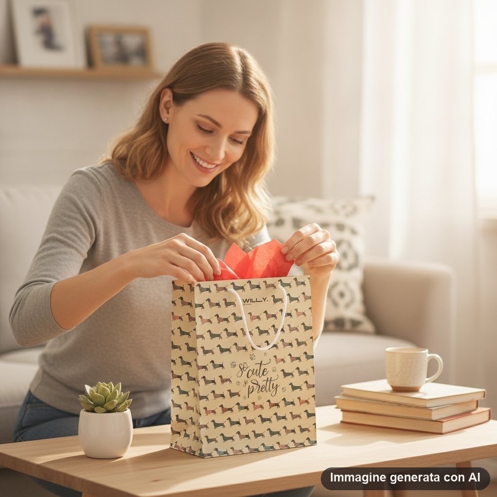 Shopper carta beige con pattern ripetuto di bassotti colorati e scritta so cute and pretty, manici bianchi