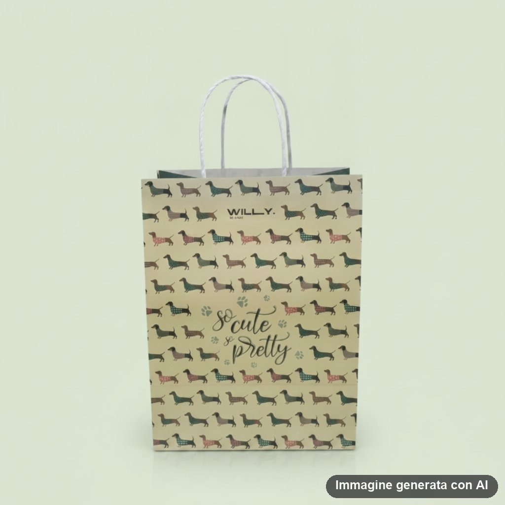 Shopper carta beige con pattern ripetuto di bassotti colorati e scritta so cute and pretty, manici bianchi