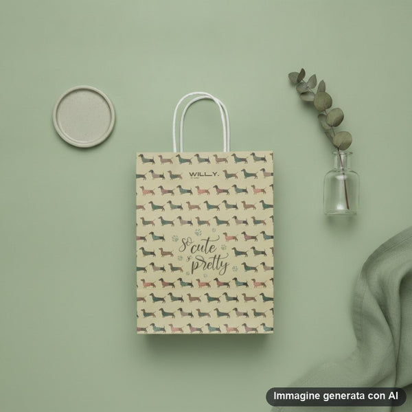 Shopper carta beige con pattern ripetuto di bassotti colorati e scritta so cute and pretty, manici bianchi