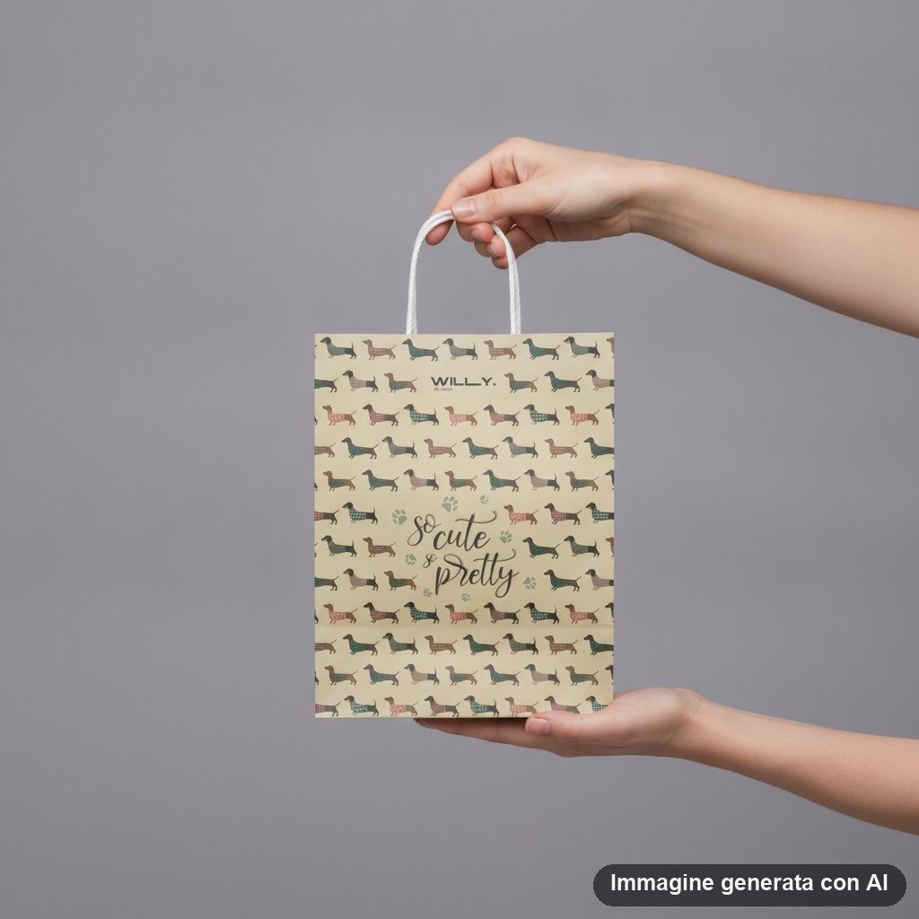Shopper carta beige con pattern ripetuto di bassotti colorati e scritta so cute and pretty, manici bianchi