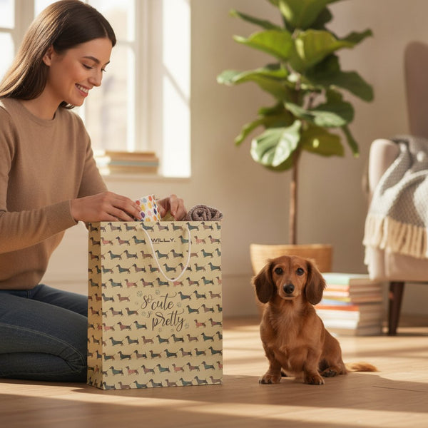 Shopper beige con pattern ripetuto di bassotti marrone, blu e rosa con scritte decorative e zampe