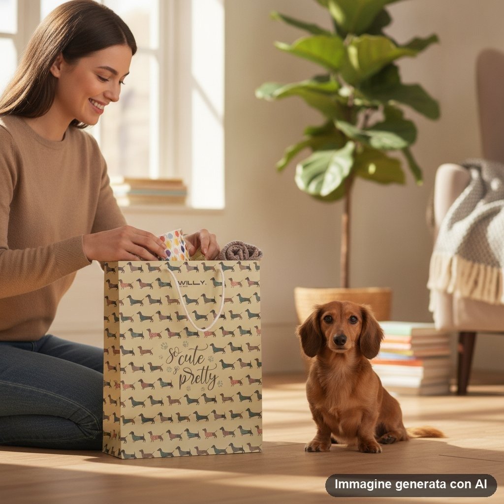 Shopper beige con pattern ripetuto di bassotti marrone, blu e rosa con scritte decorative e zampe