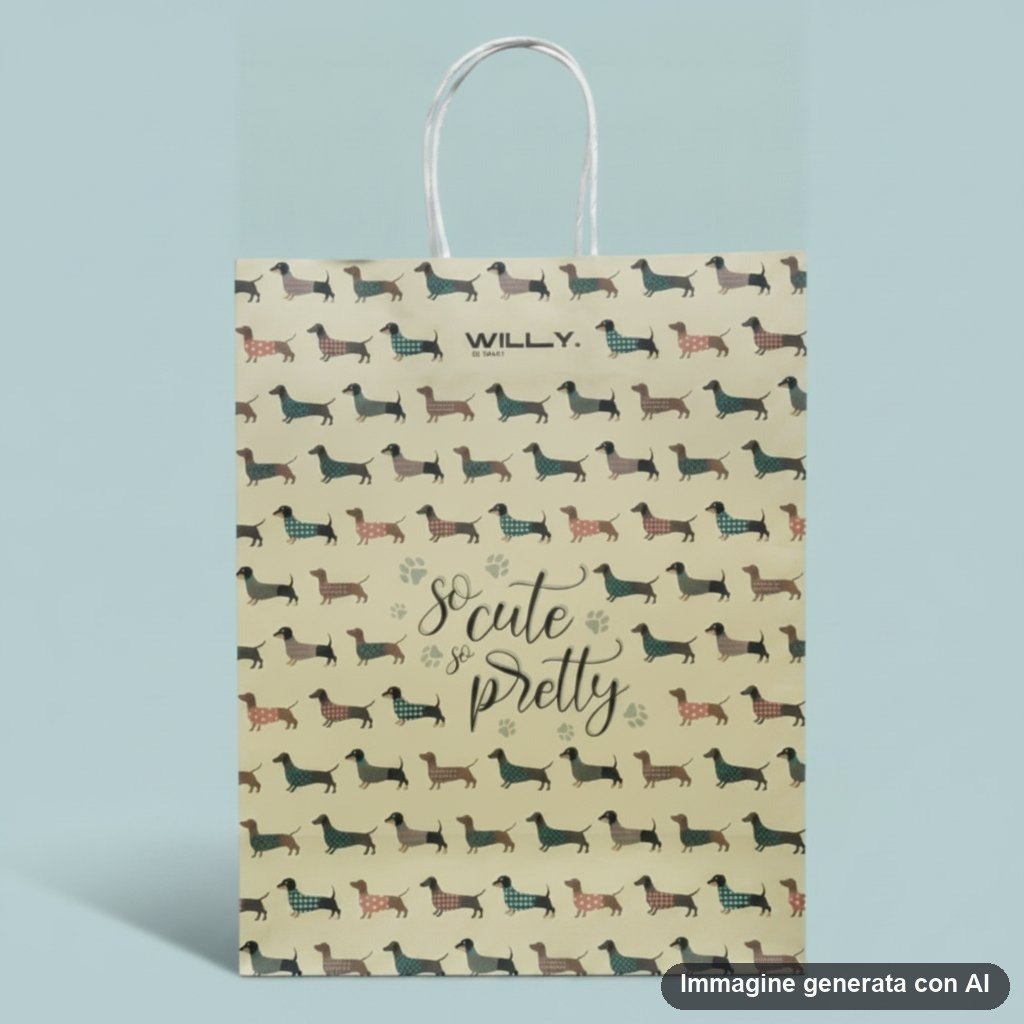 Shopper beige con pattern ripetuto di bassotti marrone, blu e rosa con scritte decorative e zampe