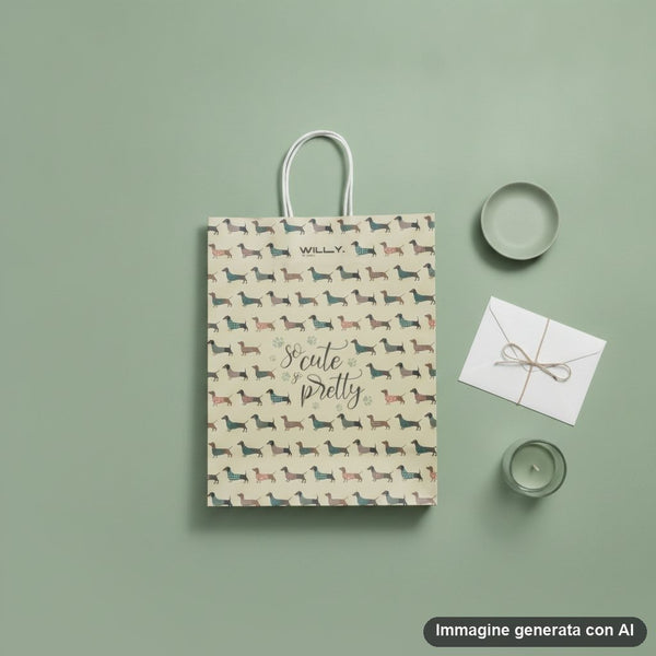 Shopper beige con pattern ripetuto di bassotti marrone, blu e rosa con scritte decorative e zampe
