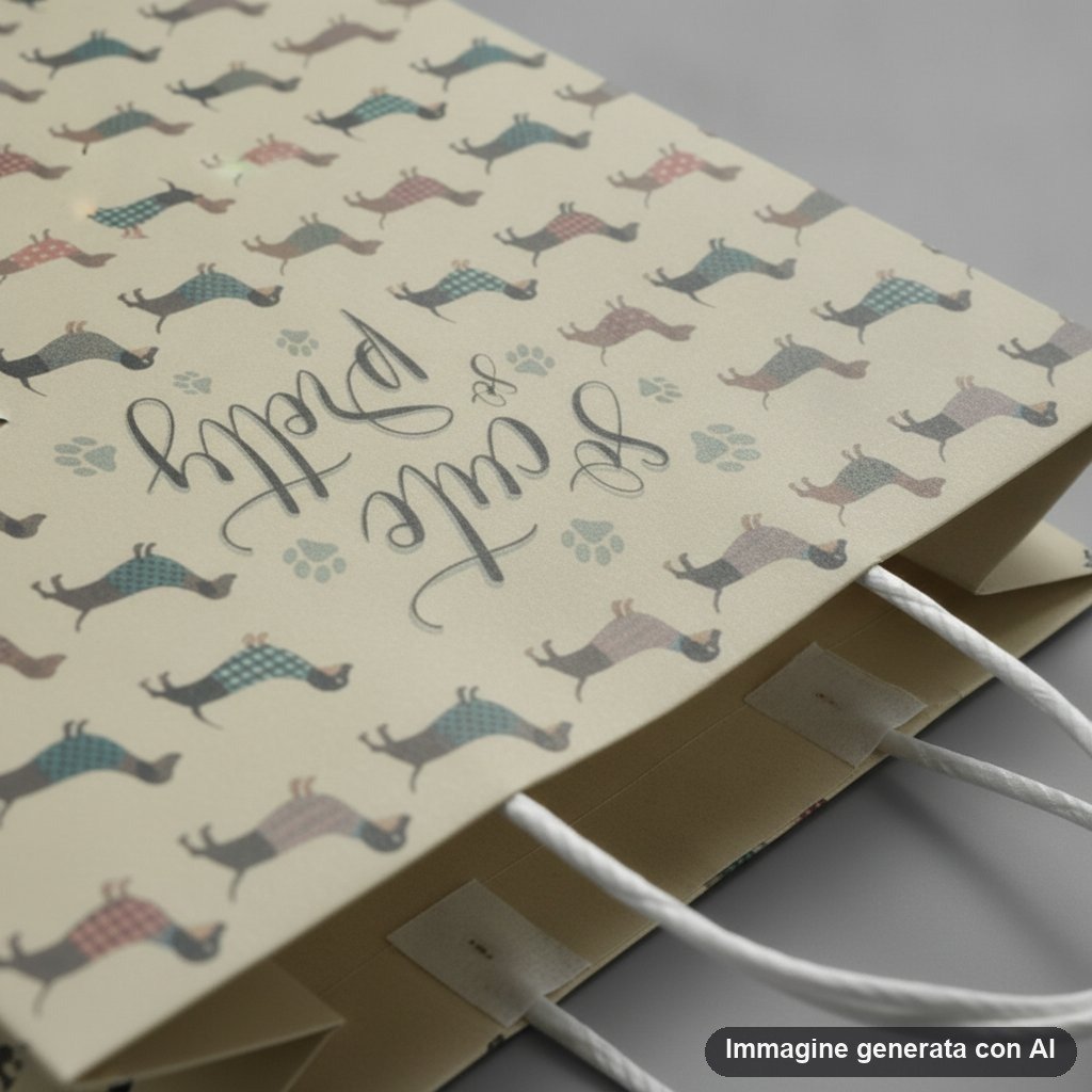 Shopper beige con pattern ripetuto di bassotti marrone, blu e rosa con scritte decorative e zampe