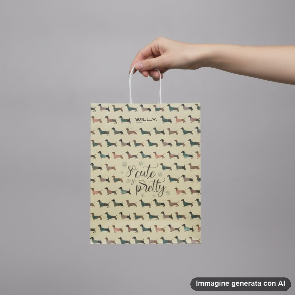 Shopper beige con pattern ripetuto di bassotti marrone, blu e rosa con scritte decorative e zampe