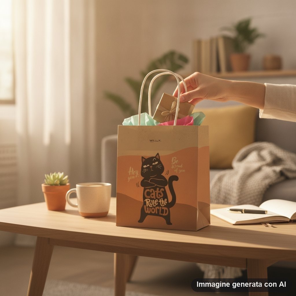 Shopper in carta con gatto nero che sorride e scritta cats rule the world, palette arancio e beige, manici bianchi