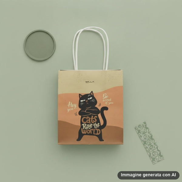 Shopper in carta con gatto nero che sorride e scritta cats rule the world, palette arancio e beige, manici bianchi