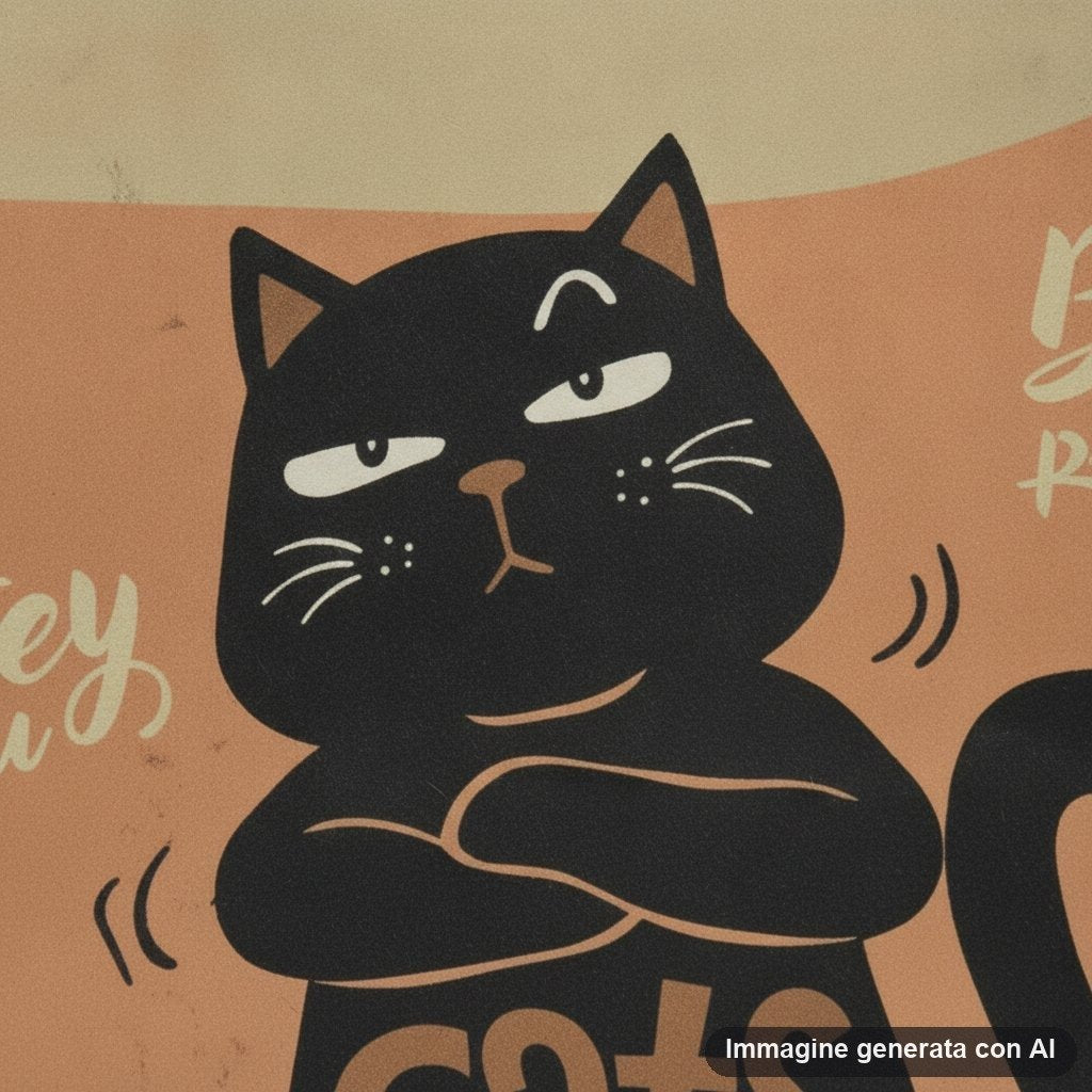 Shopper in carta con gatto nero che sorride e scritta cats rule the world, palette arancio e beige, manici bianchi