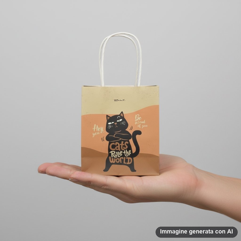 Shopper in carta con gatto nero che sorride e scritta cats rule the world, palette arancio e beige, manici bianchi