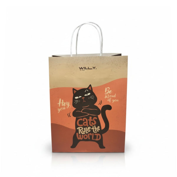 Shopper media con disegno gatto nero che sorride su sfondo arancione, scritte 'Hey you' e 'Cats rule the world