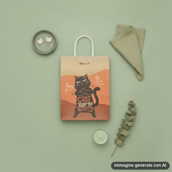 Shopper media con disegno gatto nero che sorride su sfondo arancione, scritte 'Hey you' e 'Cats rule the world