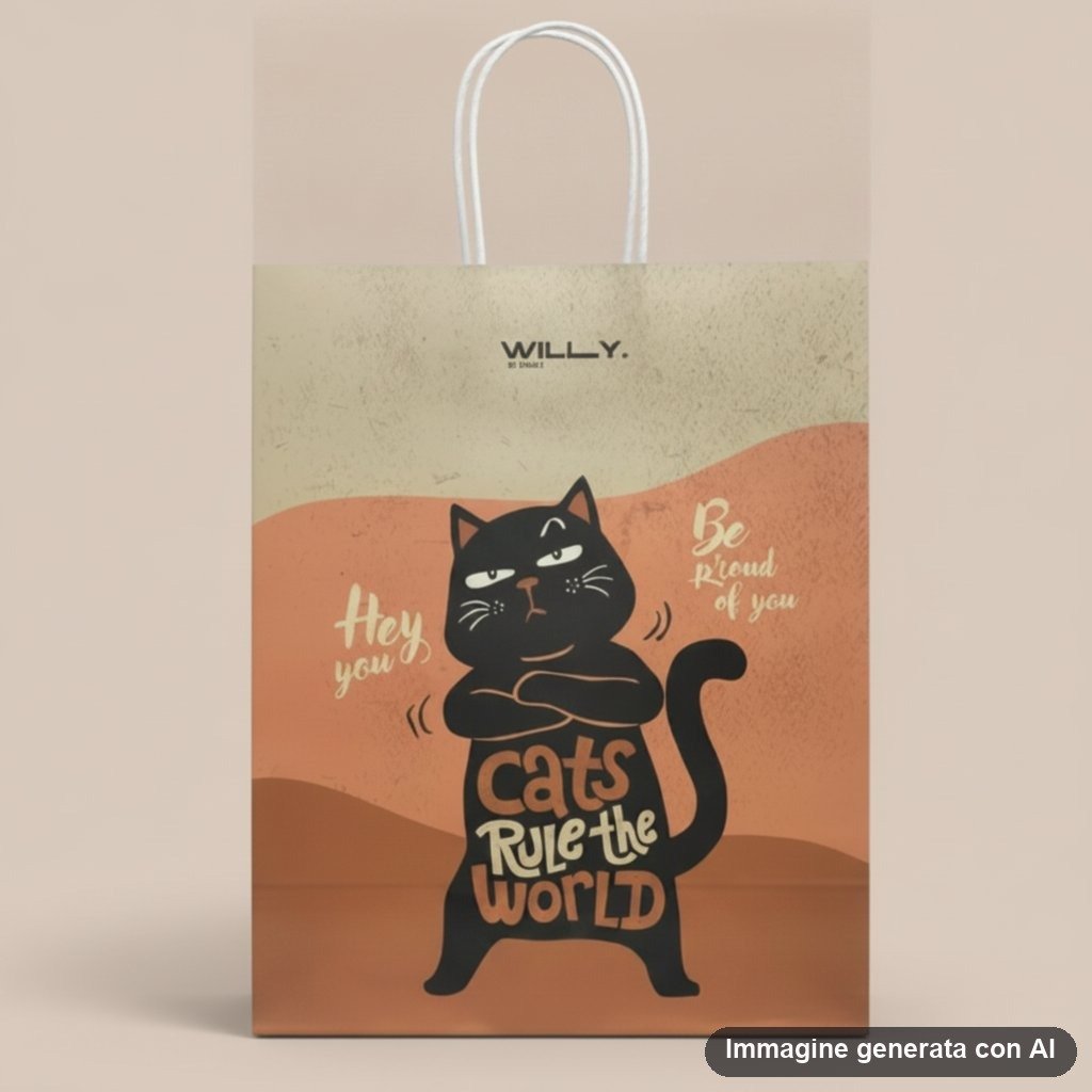 Shopper in carta kraft con gatto nero stilizzato in posa divertente e testo ironico su sfondo degradato arancione e beige