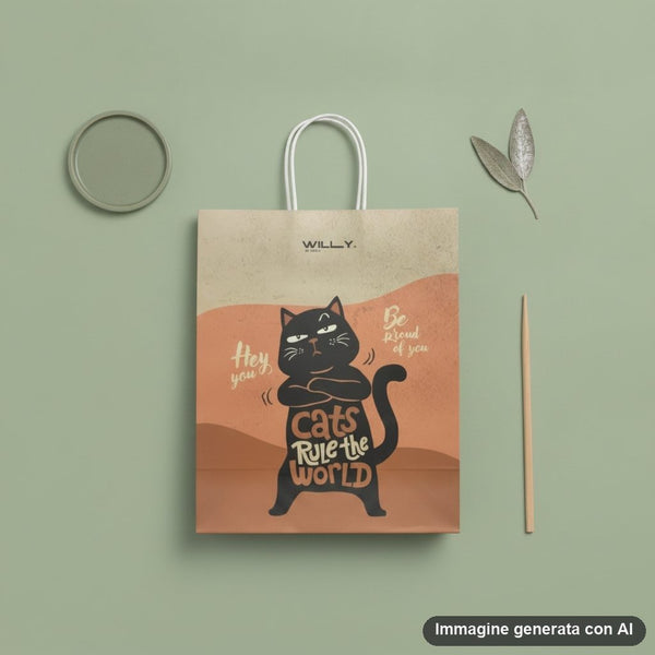 Shopper in carta kraft con gatto nero stilizzato in posa divertente e testo ironico su sfondo degradato arancione e beige